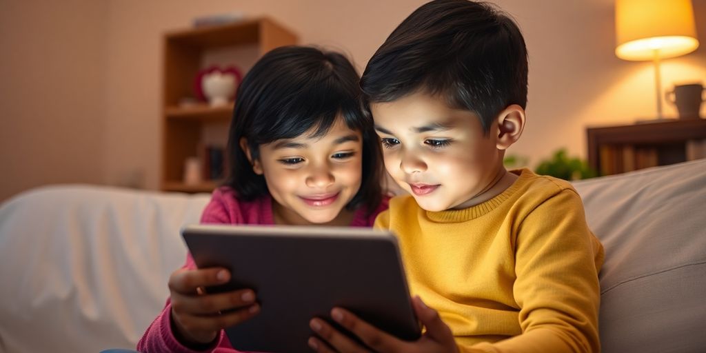 Parent and child using a tablet together at home.