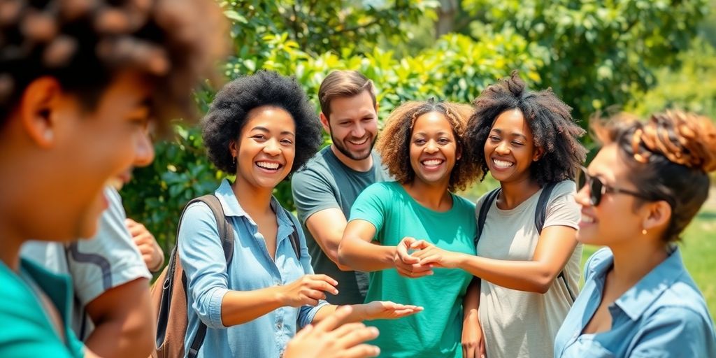 Group of people enjoying outdoor team-building activities.