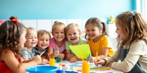 Children enjoying creative activities together, showcasing collaboration.