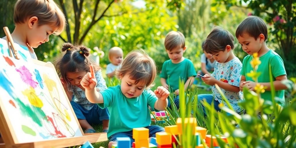 Children engaged in creative exploration and imaginative play outdoors.